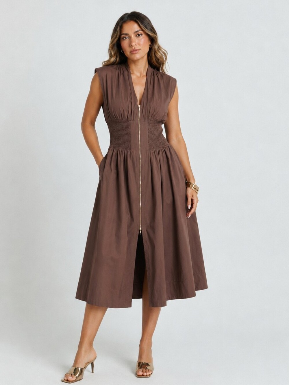 Anthropologie Maeve Tommie Cap Sleeve Smocked Front Zip Midi Dress Brown Size XL - Picture 2 of 7